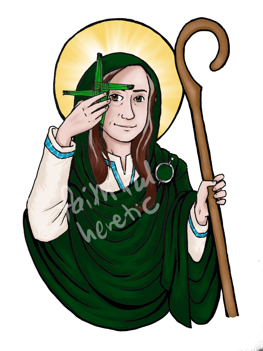 a woman in a green cloak holding a crozier and a cross.