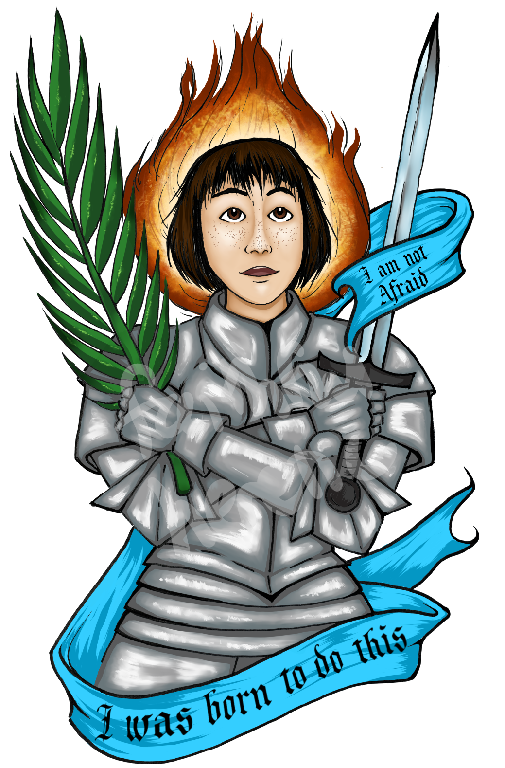 Joan of Arc, a teenage girl in armor, holding a palm frond and a sword.