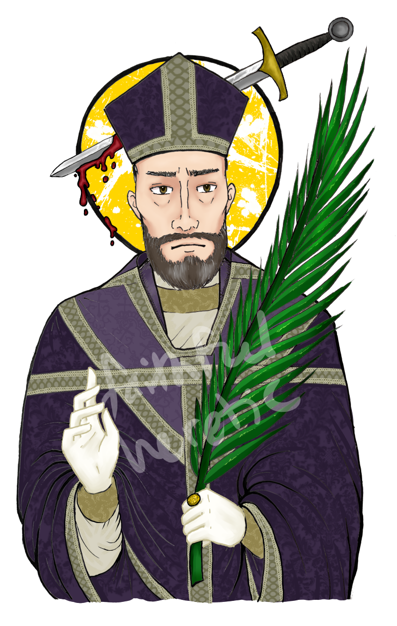 a medieval bishop with a sword sticking out of his head holding a palm frond.