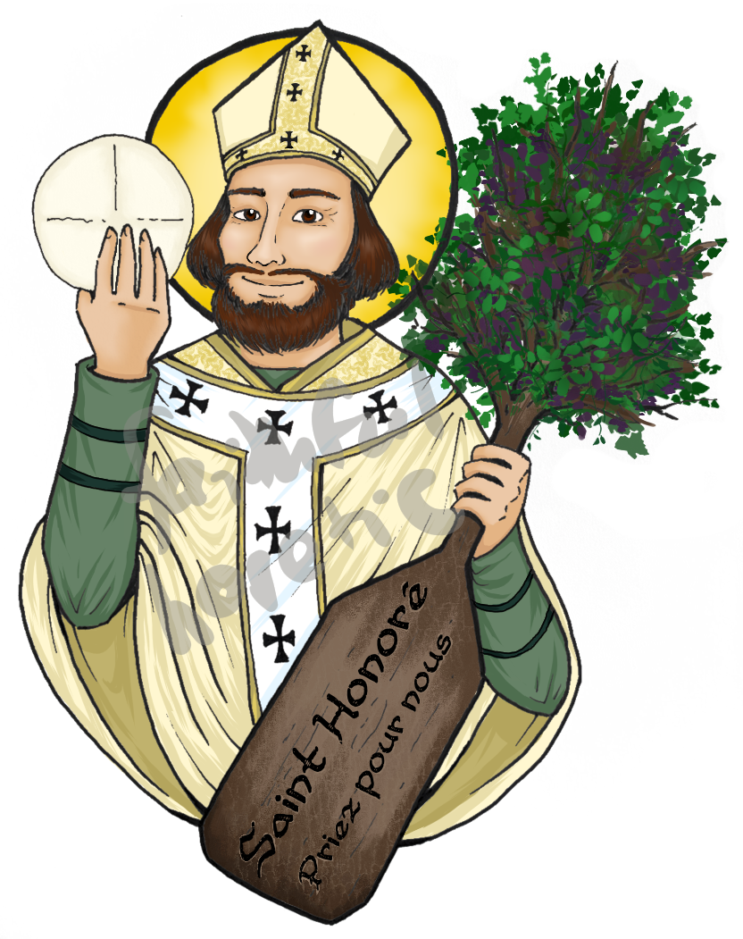 a medieval bishop holding a communion wafer and a baker's peel that is transforming into a tree.