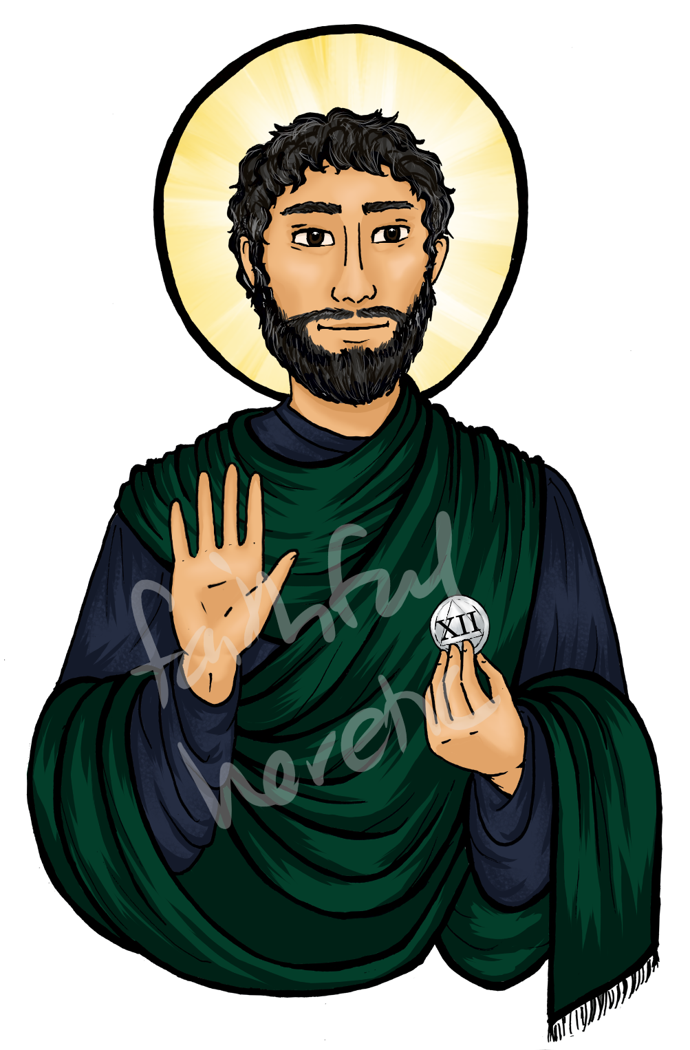 a bearded man holding a coin.